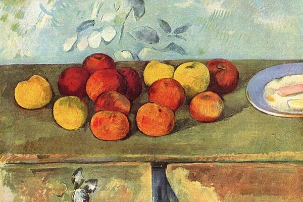 세잔의 1880년 작 '사과와 비스킷'. 인상파의 영향을 받은 세잔은 사과 등 과일 정물화를 자신만의 색채로 그려 현대 미술의 시초로 꼽힌다. 후기 인상주의 화풍은 파블로 피카소 등에 큰 영향을 미쳤다.