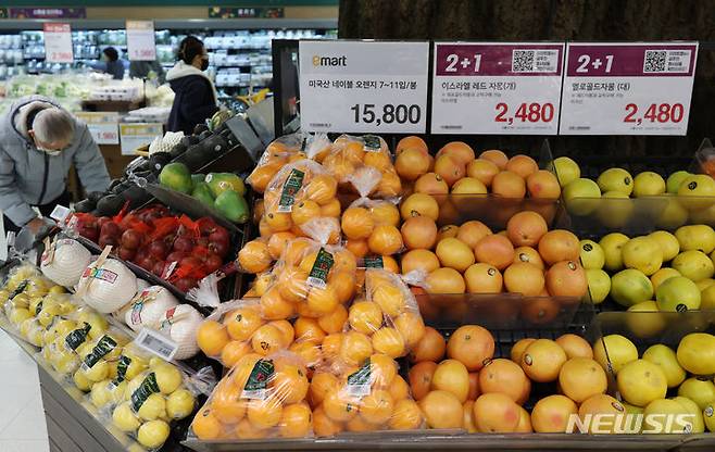 [서울=뉴시스] 김진아 기자 = 지난 2월 1일 서울의 한 대형마트에서 오렌지, 자몽 등 수입과일이 판매되고 있다. bluesoda@newsis.com