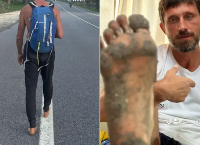 기네스 '맨발 여행' 최장 기록을 경신한 폴란드 출신 남성. [이미지출처=기네스북, 틱톡 등 캡처]
