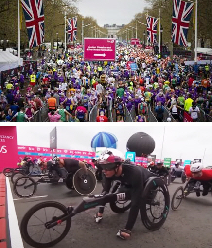 세계 6대 마라톤 대회 중 하나인 런던 마라톤이 올해 대회에서 장애인, 비장애인 상금 차별을 없앴다. 지난해 대회에서 출발 신호를 기다리는 비장애인 선수들(위쪽 사진)과 휠체어 위에서 대기하는 장애인 선수들. EPA연합뉴스·ESPN 캡처