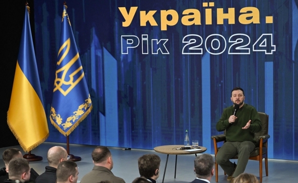 볼로디미르 젤렌스키 우크라이나 대통령이 지난 2월 수도 키이우에서 열린 ‘우크라이나, 2024년’ 포럼에서 발언하고 있다. AFP 연합뉴스