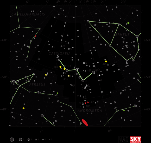 카시오페이아자리의 별들. W모양의 가운데 감마별이 ‘나비’다. 알파별은 쉐다르, 베다별은 카프, 델타별은 루크바, 엡실론별은 세긴이라는 이름이 있다.