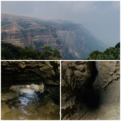 (위로부터 시계방향)아르와 동굴로 향하는 길에서 바라본 풍경, 좁은 통로의 동굴 내부 거리는 약 300m, 석회암 지형과 화석으로 유명한 아르와 동굴