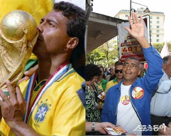 브라질 축구스타 호마리우가 58세에 ‘선수’로 컴백했다. 1990년대 세계 최고의 골잡이 중의 하나로 활약했던 호마리우는 
1994년 미국월드컵에서 브라질의 우승(왼쪽)을 이끌며 골든볼을 수상했다. 2009년 선수 생활을 마친 뒤엔 정계에 입문해 연방 
상원의원으로 활동(오른쪽)하기도 했다. 스포츠동아DB