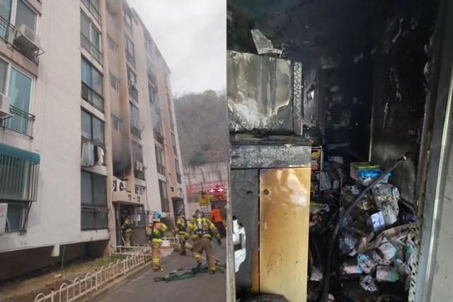 6일 오후 인천 서구 가정동 6층짜리 아파트 1층 집에서 불이 나 소방대원들이 진화를 하고 있다. 오른쪽 사진은 화재 현장 모습. 인천소방본부 제공