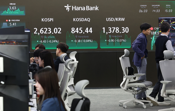 A screen in Hana Bank's trading room in central Seoul shows the Kospi closing at 2,623.02 points on Tuesday, down 0.24 percent, or 6.42 points, from the previous trading session. [YONHAP]
