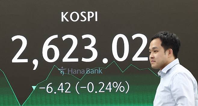 코스피가 전장보다 6.42포인트(0.24%) 내린 2623.02로 마감한 23일 오후 서울 중구 하나은행 딜링룸에서 딜러들이 업무를 보고 있다. (사진=연합뉴스)