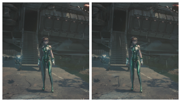 - 균형 모드(좌)와 해상도 우선 모드의 그래픽 퀄리티 차이