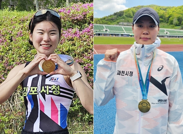 여자 400m 허들과 원반던지기에서 우승한 김초은(왼쪽)과 정예림. 김포·괴천시청 제공