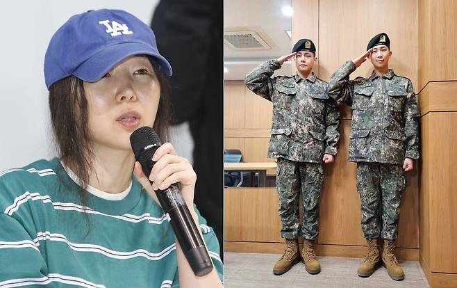 민희진 어도어 대표(왼쪽)와 군복을 입은 BTS 멤버 뷔, RM/ 뉴스1