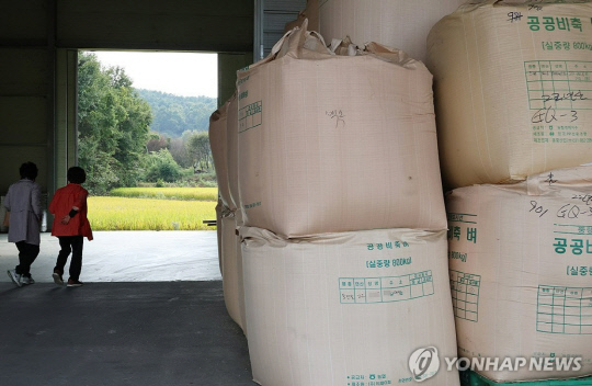벼 수확기에 충남 한 공공비축벼 보관창고에 쌓인 공공비축 쌀 포대 모습. 사진 연합뉴스