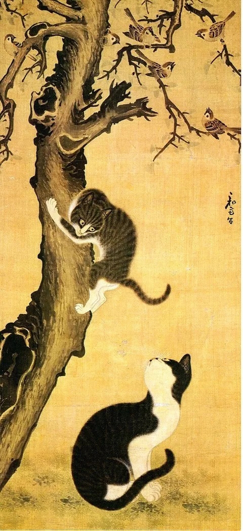 변상벽의 대표작품인 ‘묘작도-참새와 고양이’. 비단에 수묵담채 , 93.7X43 cm, 국립중앙박물관 소장).  두 고양이는 늙은 노부부, 참새 6마리는 자식을 의미한다고 한다.