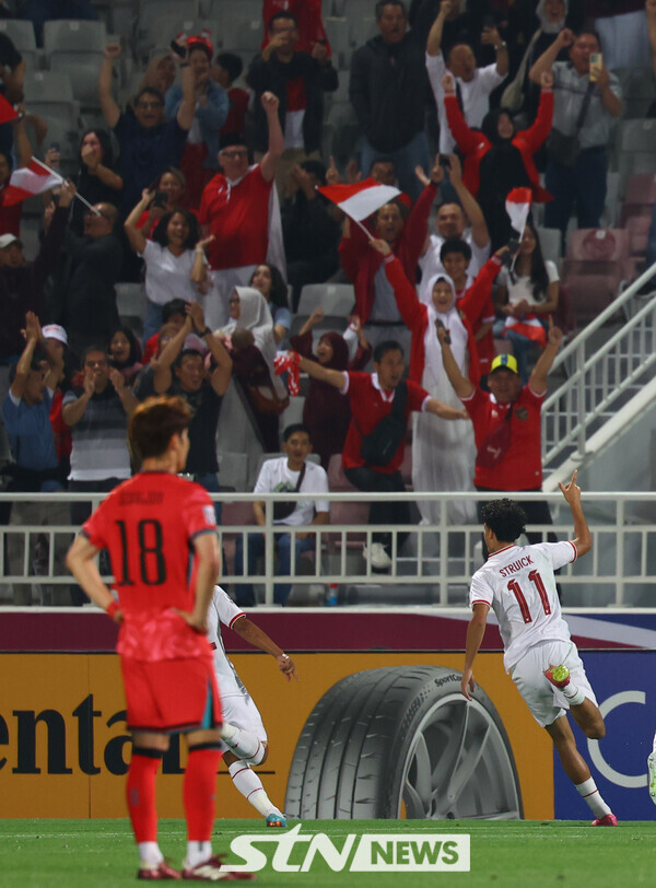 25일(현지시간) 카타르 도하 압둘라 빈 칼리파 스타디움에서 열린 2024 아시아축구연맹(AFC) U-23 아시안컵 8강전 대한민국과 인도네시아의 경기, 선취골을 넣은 인도네시아 라파엘 스트라윅과 선수들이 기뻐하고 있다. 사진┃뉴시스
