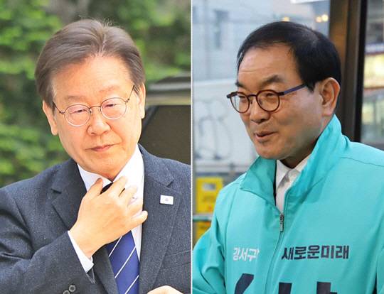 왼쪽부터 이재명 더불어민주당 대표와 남평오 새로운미래 전 서울 강서갑 국회의원 후보.<연합뉴스 사진·남평오 연대와 공생 부이사장 페이스북 사진 갈무리>