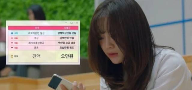 SBS드라마 사내맞선의 한 장면. 주인공 신하리가 '월급 350만원은 쥐꼬리만하다'며 급여 사용 내역을 계산하고 있다. SBS 캡처