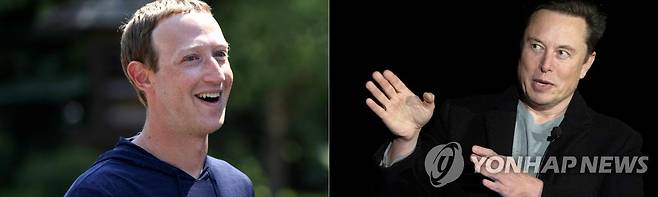 마크 저커버그 메타 CEO(왼쪽)와 일론 머스크 테슬라 CEO [AFP 연합뉴스 자료사진. 재판매 및 DB 금지]