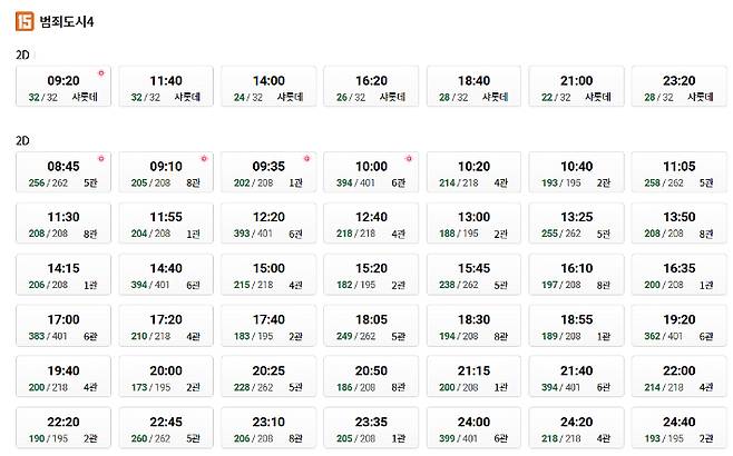 서울 시내 한 멀티플렉스 극장의 5월 3일 '범죄도시4' 상영시간표 일부.