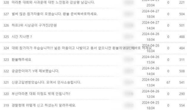 지난달 21일 부산 강서구 대저생태공원에서 열린 '제21회 부산마라톤' 홈페이지에 게시된 항의글. 부산마라톤 홈페이지 캡처