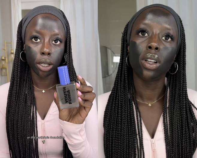 지난달 30일 글로리아 조지가 유스포리아 파운데이션의 가장 어두운 색을 검은색 페이스페인팅과 비교하는 틱톡 영상. 사진상 왼쪽이 검은 물감이고 오른쪽이 해당 브랜드 화장품을 발색한 것이다./사진=Golloria George 인스타그램