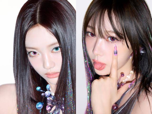 에프사 닝닝(왼쪽)은 나비 모양 그래픽의 컬러 렌즈를 각기 다른 색깔로 착용해 오드아이를 연출했으며, 지젤은 달 모양 그래픽의 렌즈를 착용했다. SM엔터테인먼트 제공