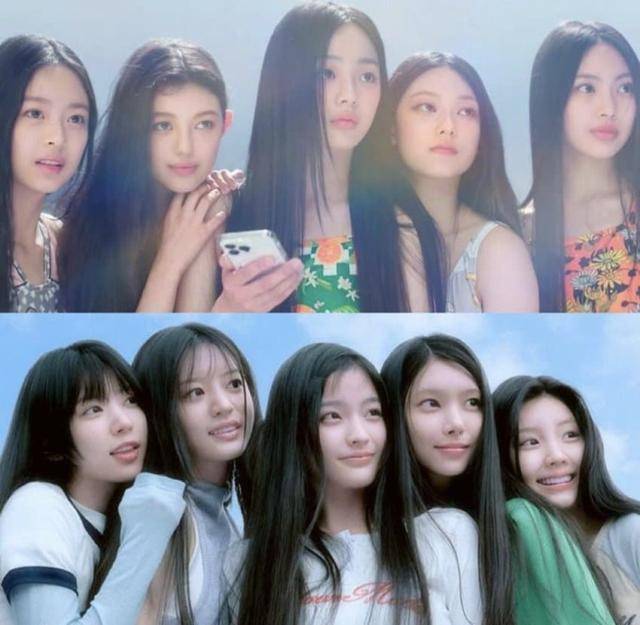 2022년 하이브 레이블 어도어에서 데뷔한 뉴진스(위)와 2024년 또 다른 레이블 빌리프랩에서 데뷔한 아일릿(아래). 일부 누리꾼들은 두 그룹의 사진을 비교하면서 '콘셉트 표절'을 주장하고 있다. 온라인 커뮤니티 캡처