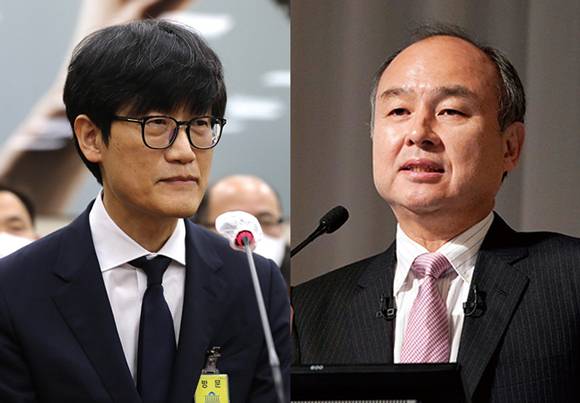 이해진 네이버 글로벌투자책임자(GIO)와 손정의 소프트뱅크 회장 ⓒ시사저널 박은숙·EPA 연합