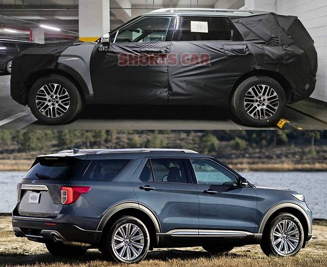 사진 : 현대차 팰리세이드 풀체인지 테스트카와 포드 익스플로러 (출처=Shorts Car)