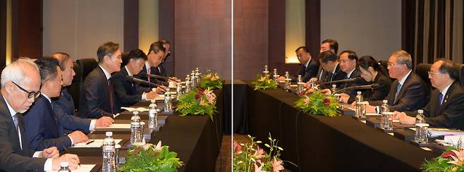 26일 서울 신라호텔에서 이재용 삼성전자 회장(왼쪽 넷째)과 리창 중국 국무원 총리(오른쪽 둘째) 일행이 면담하고 있다. 삼성전자