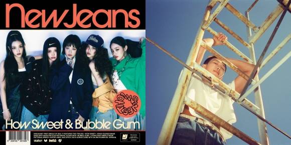 뉴진스의 새 더블 싱글 ‘하우 스위트’ 커버. 오른쪽은 방탄소년단 RM 솔로 2집의 콘셉트 사진. 어도어·빅히트뮤직 제공