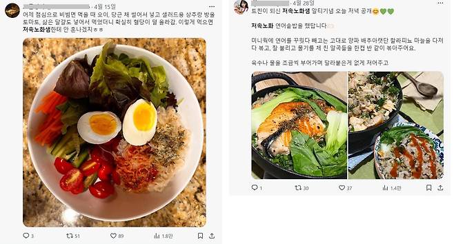 SNS에 올라와 있는 저속노화 식단의 예. 정제 곡물이나 단순당은 줄이고 통곡물과 채소, 생선 위주로 식단을 짰다./X 화면 캡처