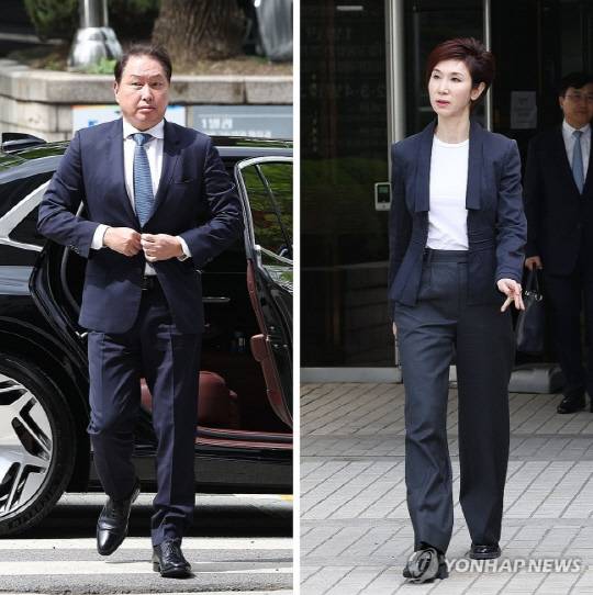 최태원(왼쪽) SK 회장과 노소영 아트센터 나비 관장이 지난달 16일 서울 서초구 서울고등법원에서 열린 이혼 소송 항소심 공판에 출석하는 모습. <사진=연합뉴스>