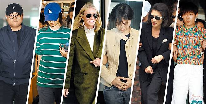 맨 티셔츠와 파란 야구 모자를 쓰고 기자회견장으로 향하는 민희진 어도어 대표, 스키장 뺑소니 사건으로 법정에 출두하면서 올드 머니 룩을 선보인 귀네스 팰트로, 학력 및 횡령 의혹을 받은 신정아씨, 검찰 소환 당시 선글라스를 착용한 린다 김, 무지개색 티셔츠를 유행시킨 탈옥수 신창원. /뉴시스·허상욱 스포츠조선 기자·조선일보DB