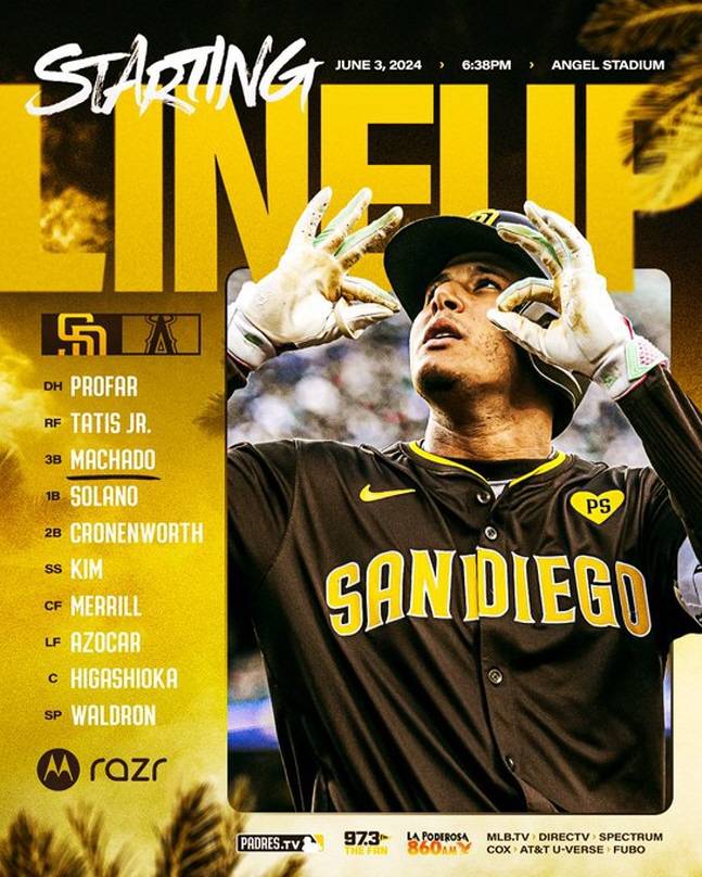 샌디에이고 파드리스가 4일 LA 에인절스와 원정경기에 내세운 선발 라인업. /사진=샌디에이고 파드리스 공식 SNS 캡처