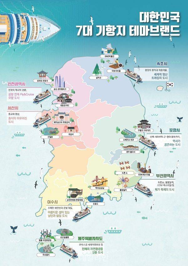 정부가 크루즈 관광 활성화 대책을 발표하면서 내놓은 7대 기항지별 테마브랜드 지도. ⓒ해양수산부