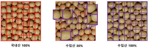 혼합 시료 딥러닝 분류 모델 실험 결과. 콩 이미지. 왼쪽부터 국내산, 혼합, 외국산. 농관원 시험연구소