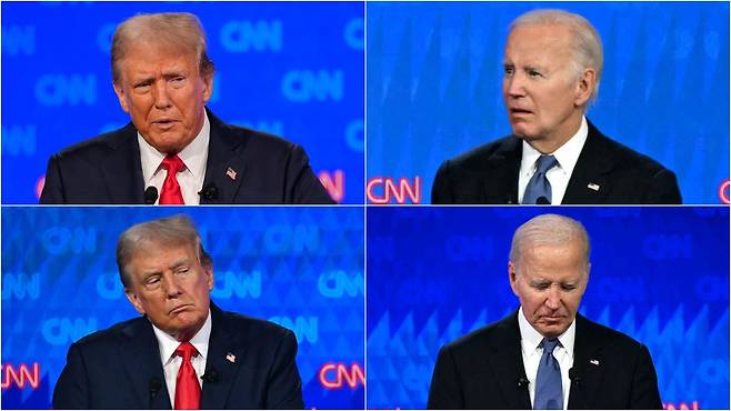 27일(현지시각) 미국 조지아주 애틀란타의 CNN 스튜디오에서 열린 올해 첫 대선 후보 TV 토론에서 바이든이 트럼프가 말하는 동안 입을 벌리고 멍한 표정을 짓거나(위), 할 말이 바로 떠오르지 않는 듯 잠시 시선을 떨어트리는 모습(아래). /AFP·AP 연합뉴스