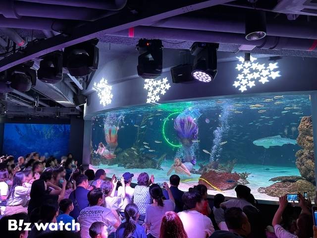 지난 6월 30일 아쿠아플라넷63에서 관람객들이 인어공주 공연을 보고 있다. / 사진=정혜인 기자 hij@