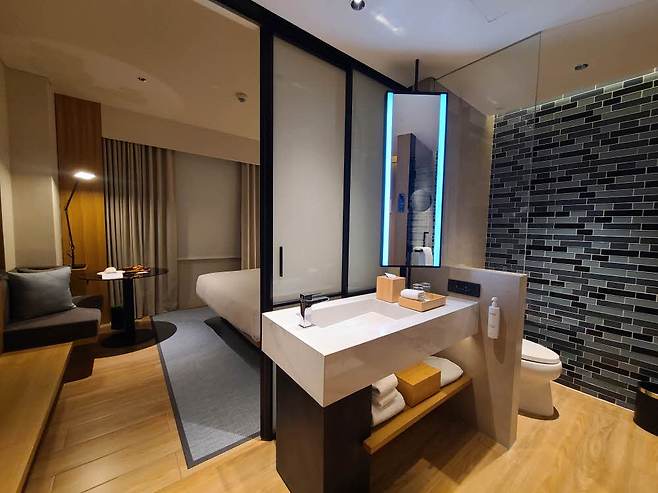 세면대와 거울로 룸과 욕실을 구분한다