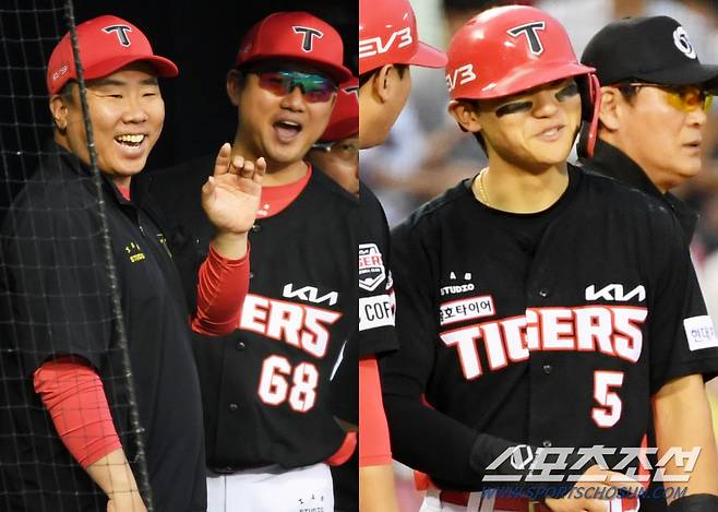 이범호 감독이 맹타를 휘두르고 있는 김도영 맹활약에 활짝 웃고 있다