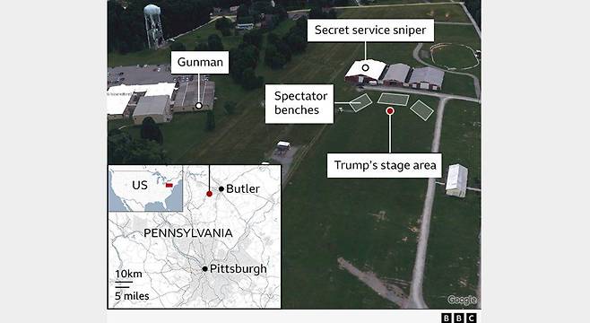 총격범과 유세 연설 중이던 트럼프 전 대통령의 당시 위치