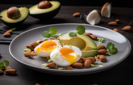 달걀노른자와 아보카도, 아몬드 등은 모발 건강에 도움을 준다|출처: 미드저니