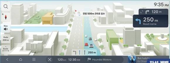 현대오토에버가 개발 중인 통합지도 브랜드 ‘솔맵’의 예상안. 도로가 아닌 차로 단위의 정밀지도를 제공하고 기존 지도 대비 넓은 범위를 정밀하게 구현해 낸 디스플레이 고도화가 이뤄지는 것이 특징이다. 현대오토에버 제공