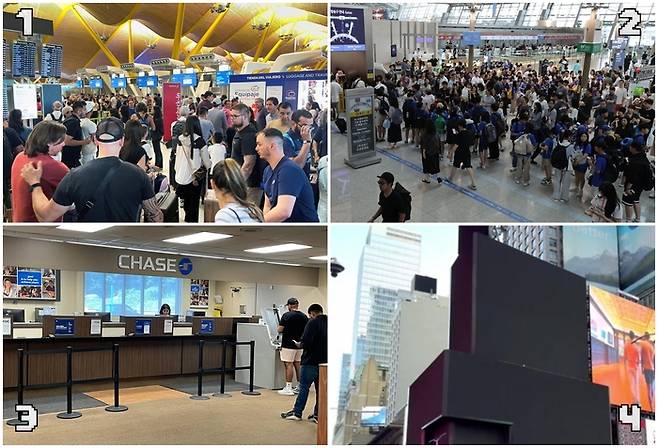 (1) 스페인 마드리드 국제공항 (2) 인천국제공항 (3) 뉴욕 체이스은행 (4) 전광판이 꺼진 타임스퀘어 (출처=매일경제 인디펜던트 로이터)