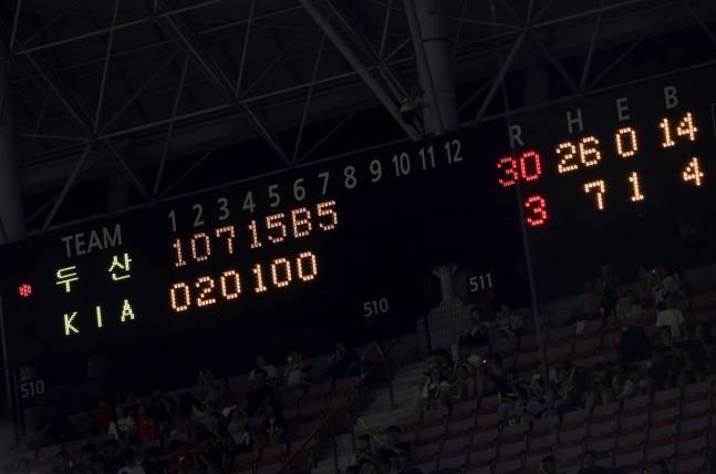 31일 광주 KIA-두산전에서 점수를 알리는 광주-기아챔피언스필드 전광판. /사진=두산 베어스 제공
