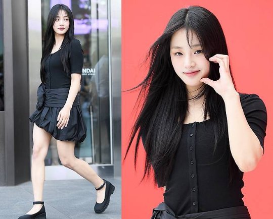 민지가 인형 미모 뽐낸 벌룬 미니스커트룩을 선보였다.사진=MK스포츠 DB