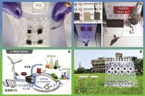 ①KIST 차세대태양전지연구센터에서 개발 중인 프리폼 신축 태양전지 모듈. 늘리거나 줄이거나 하더라도 태양전지는 정상 작동하며 향후 이를 현수막 혹은 화폭의 형태로 활용 가능하다. ② KIST 에너지저장연구센터에서 개발 중인 전고체 전지. 반으로 잘라도 불이 붙지 않고 정상 작동을 한다. ③e-케미칼 공정의 개념도. ④KIST 청정에너지연구센터에서 개발 중인 Solar-Chemical Production 시스템. 태양광을 이용해 이산화탄소를 화학원료로 전환할 수 있다. KIST 지속가능미래기술연구본부