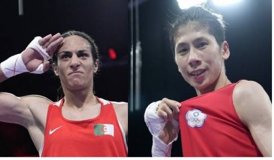 2024 파리올림픽 여자 복싱 종목에 참가한 이마네 칼리프(알제리·왼쪽)와 린위팅(대만). AP연합뉴스