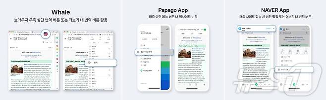 왼쪽부터 웨일브라우저·파파고앱·네이버앱 파파고 번역 서비스(파파고 공식블로그 갈무리)