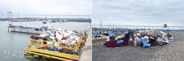 6월 20일 전남 신안군의 한 선상 집하장(왼쪽). 어업 중 발생한 쓰레기가 가득 차서 더 담지 못한 쓰레기들이 근처 육지(오른쪽)까지 점령했다. 목포=최주연·진달래 기자