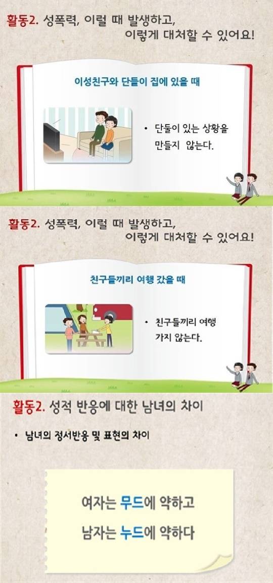 교육부는 2015년 <학교 성교육 표준안>과 교사용 지도서 등 교육자료를 만들어 배포했으나 잘못된 성폭력 통념과 성별 고정관념을 강화하는 내용으로 인해 강력한 비판을 받았다. 교육부 성폭력 표준안 교육자료 캡처